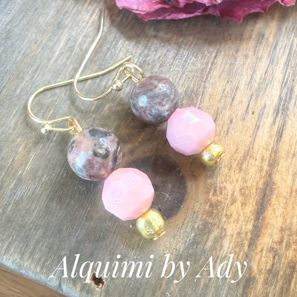 OCEAN JASPER SIMPLE + Pink, Brown & Gold Beaded Drop Earrings
